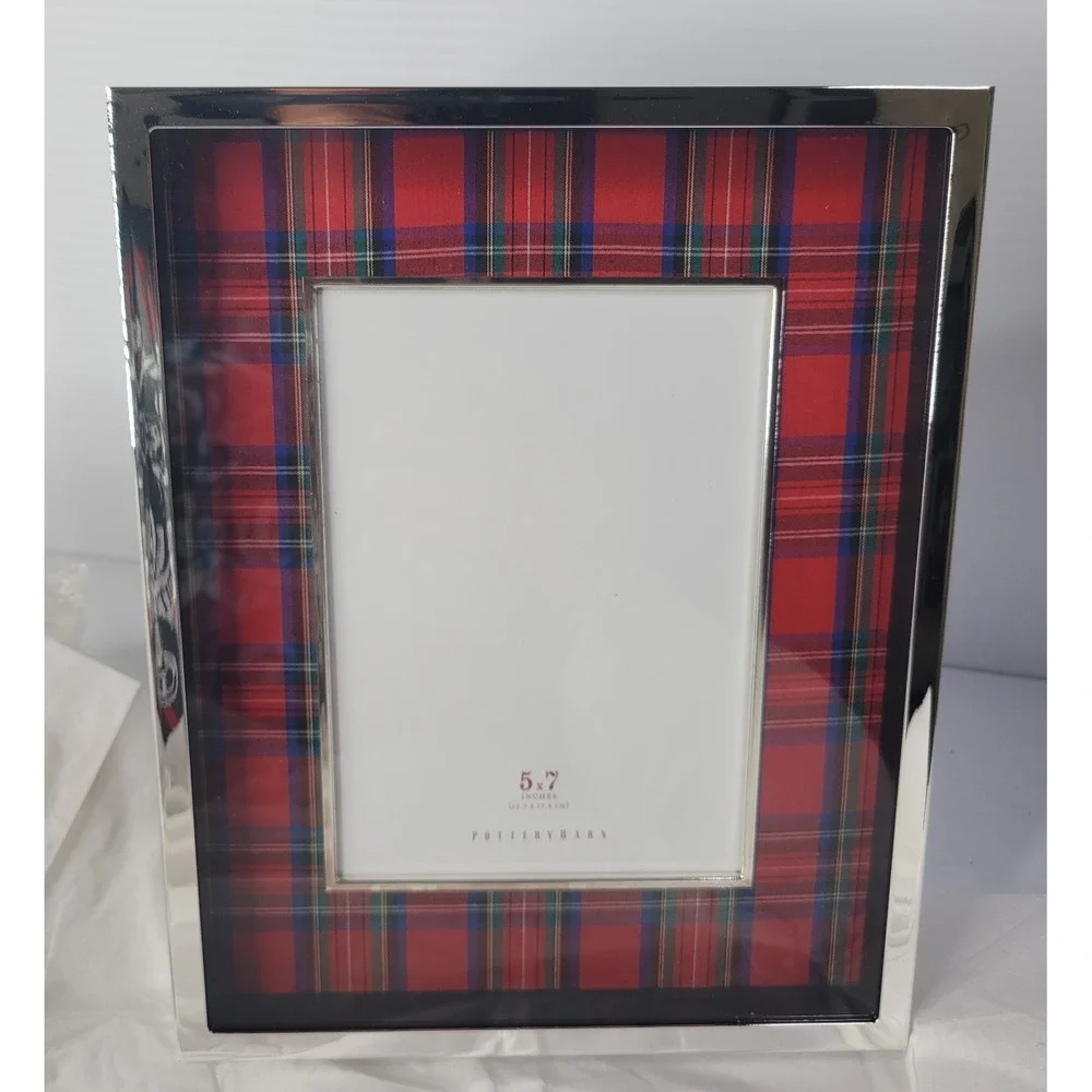 Pottery Barn Plaid Tartan & Nickel Plate 5x7 Picture Frame NEW OLD STOCK